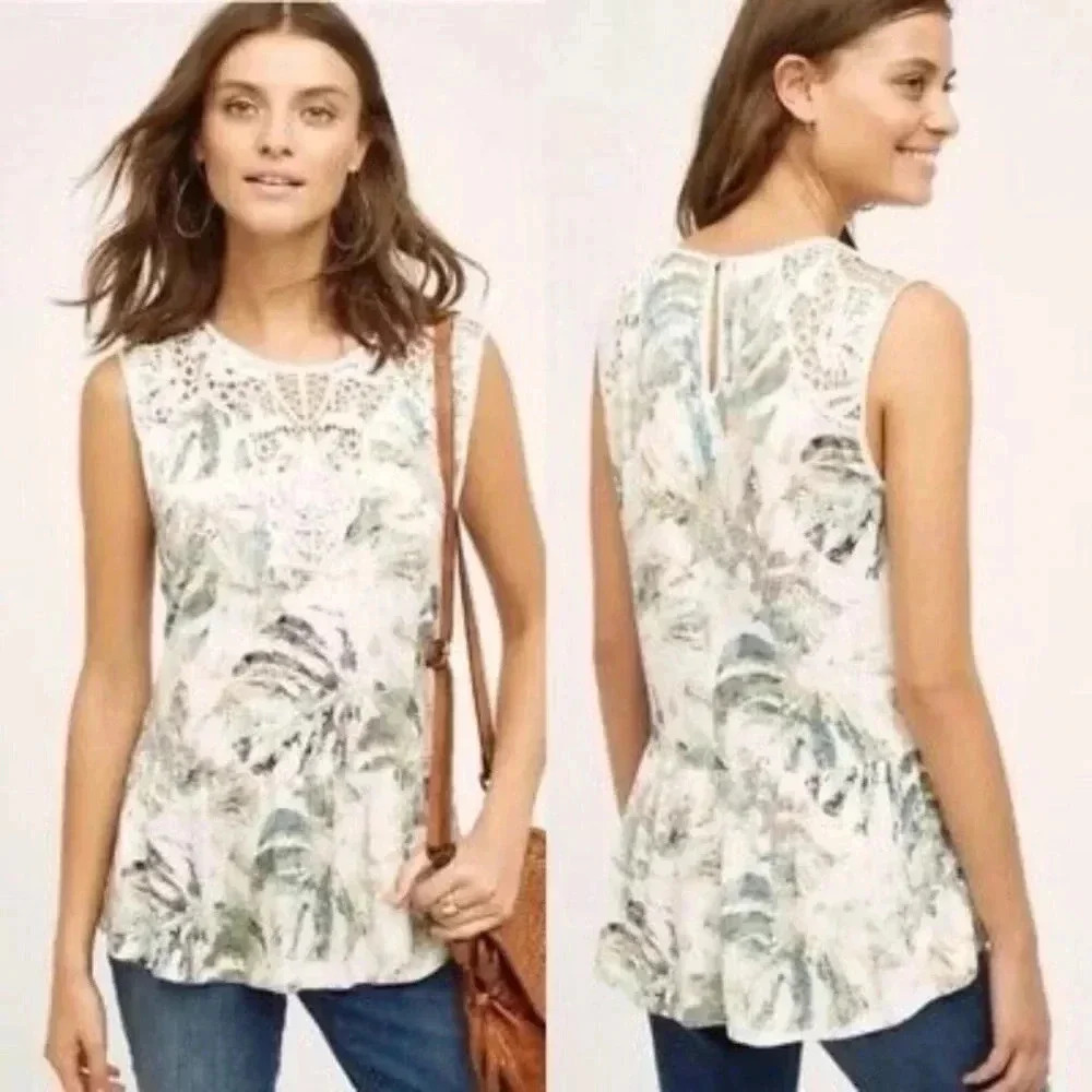 Anthropologie meadow rue lia lace botanical leaf peplum  top medium sleeveless - Picture 3 of 14